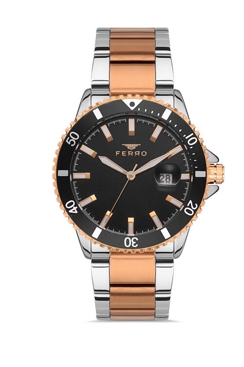 Ferro Rose ve Gümüş Çelik Kordon Erkek Kol Saati F11238A-E2 Su Geçirmez 2 Yıl Garantili Hediye Paket