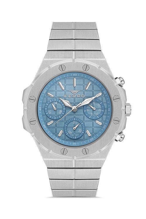 Ferro Quartz Çelik Metalik Gri Turkuaz Kadran 42 mm Erkek Kol Saati