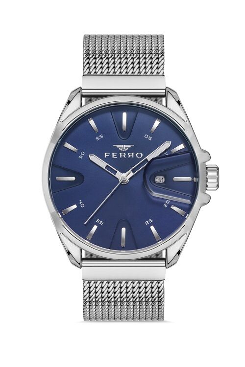 Ferro F11332C-A3 Hasır Çelik Gri Mavi Kadran 43 mm Erkek Kol Saati