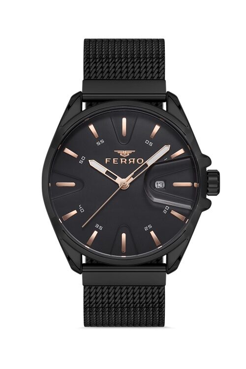 Ferro F11332C-G Hasır Çelik Siyah 43 mm Erkek Kol Saati