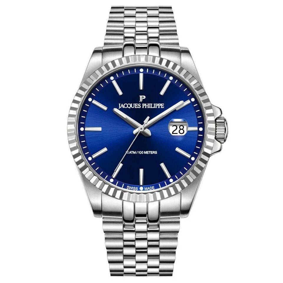 Jacques Philippe JPQGS591336V2 Swiss Made Quartz Çelik Gri Lacivert Kadran Safir Cam 40 mm Erkek Kol Saati