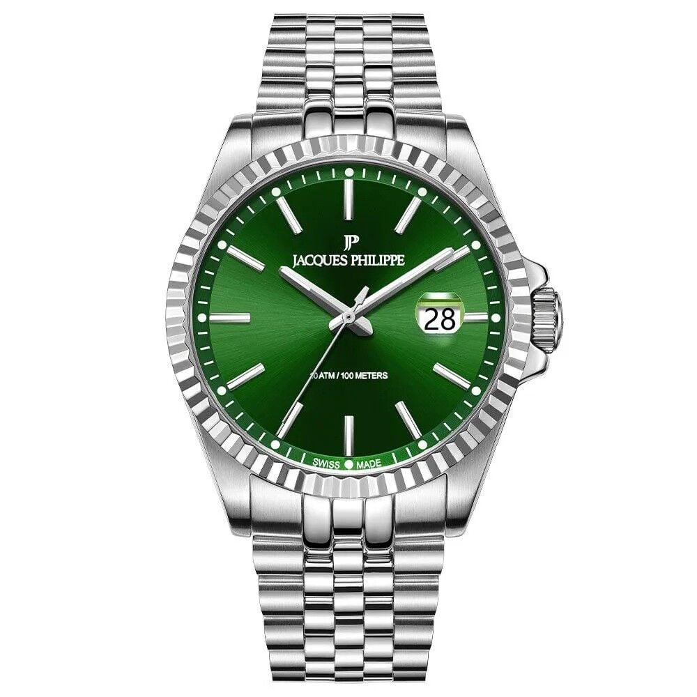 Jacques Philippe JPQGS5913X6V2 Swiss Made Quartz Çelik Gri Yeşil Kadran Safir Cam 10 ATM Erkek Kol Saati