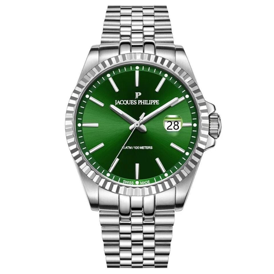 Jacques Philippe JPQGS5913X6V2 Swiss Made Quartz Çelik Gri Yeşil Kadran Safir Cam 10 ATM Erkek Kol Saati