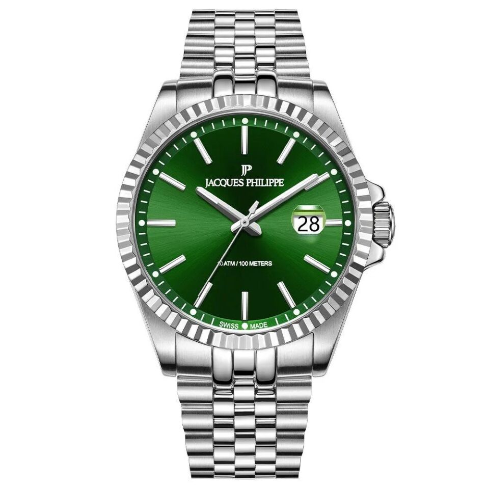 Jacques Philippe JPQGS5913X6V2 Swiss Made Quartz Çelik Gri Yeşil Kadran Safir Cam 10 ATM Erkek Kol Saati