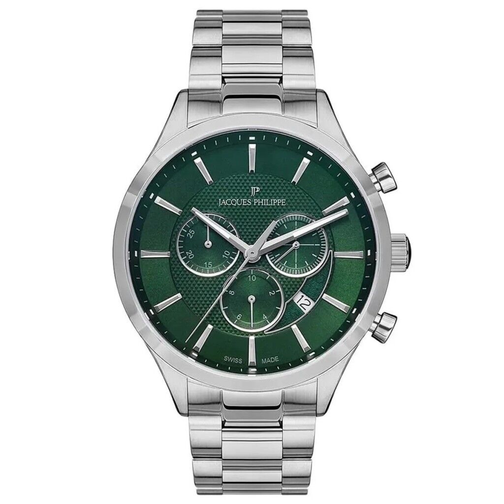 Jacques Philippe JPQGC0313X6N Swiss Made Quartz Çelik Gri Yeşil Kadran Safir 43 mm Erkek Kol Saati