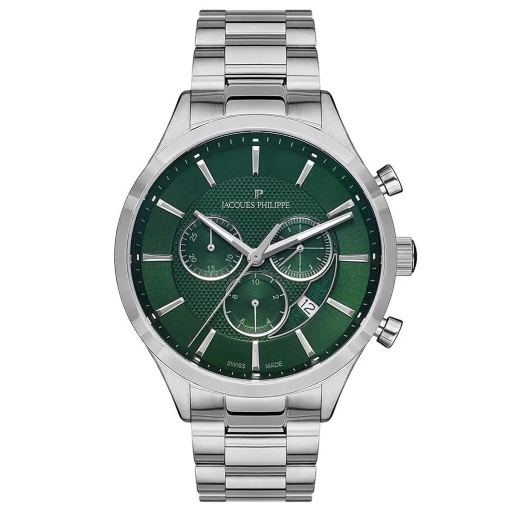 Jacques Philippe JPQGC0313X6N Swiss Made Quartz Çelik Gri Yeşil Kadran Safir 43 mm Erkek Kol Saati