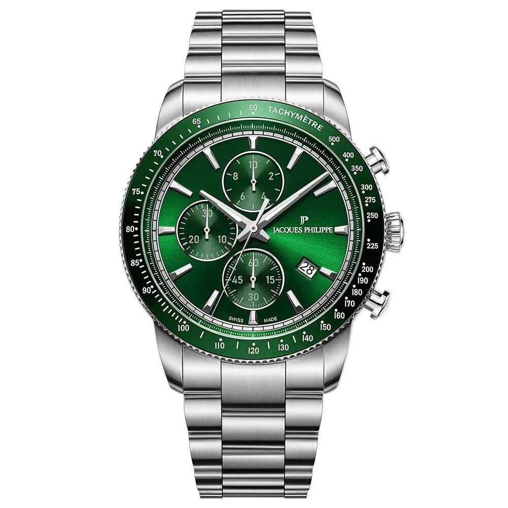 Jacques Philippe JPQGC6913X6 Swiss Made Quartz Çelik Gri Yeşil Kadran Safir Cam 42 mm Erkek Kol Saati