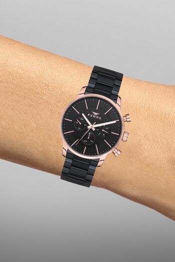 Ferro Siyah Çelik Kordon Erkek Kol Saati FM1774A-R Tüm Fonksiyonları Aktif 3 ATM Su Geçirmez