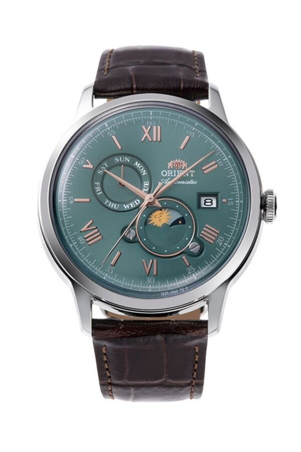 Orient Bambino RA-AK0805E30B Otomatik Deri Kahverengi Yeşil Kadran Sun&Moon 42 mm Erkek Kol Saati