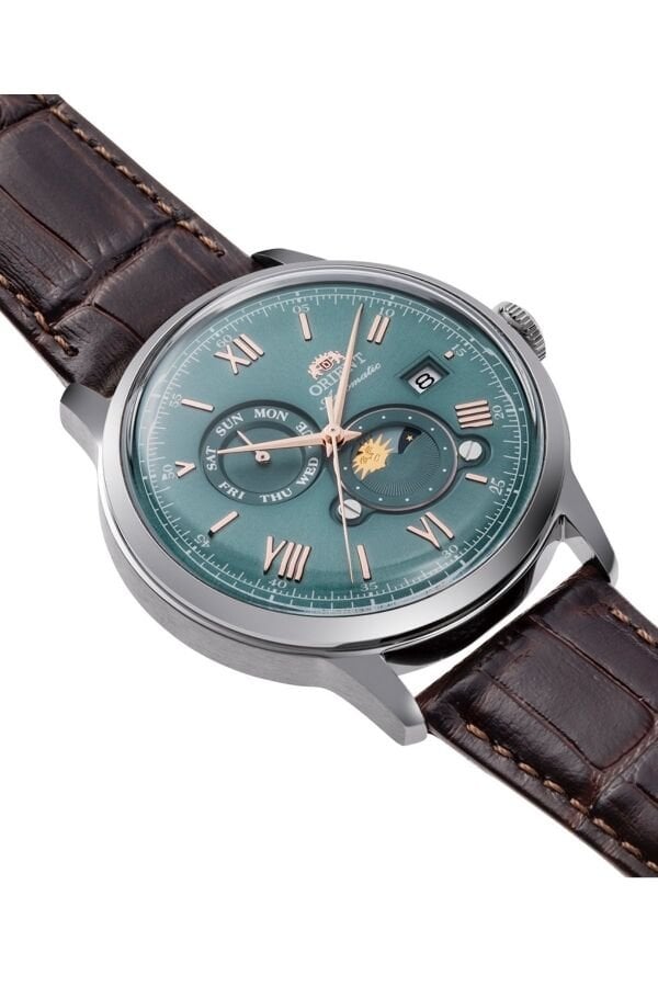 Orient Bambino RA-AK0805E30B Otomatik Deri Kahverengi Yeşil Kadran Sun&Moon 42 mm Erkek Kol Saati