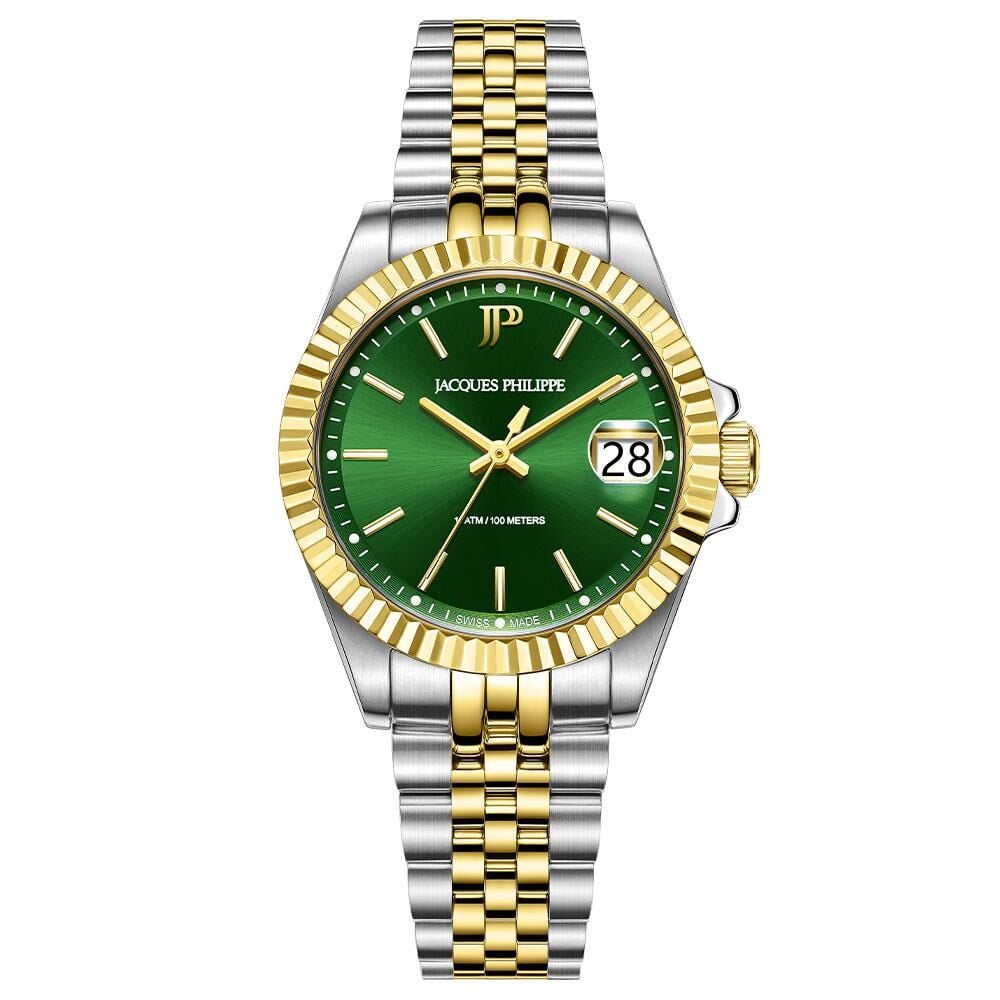 Jacques Philippe JPQLS5873X8 Swiss Made Quartz Çelik Altın/Gri Yeşil Kadran Safir Cam 10 ATM 32 mm Kadın Kol Saati