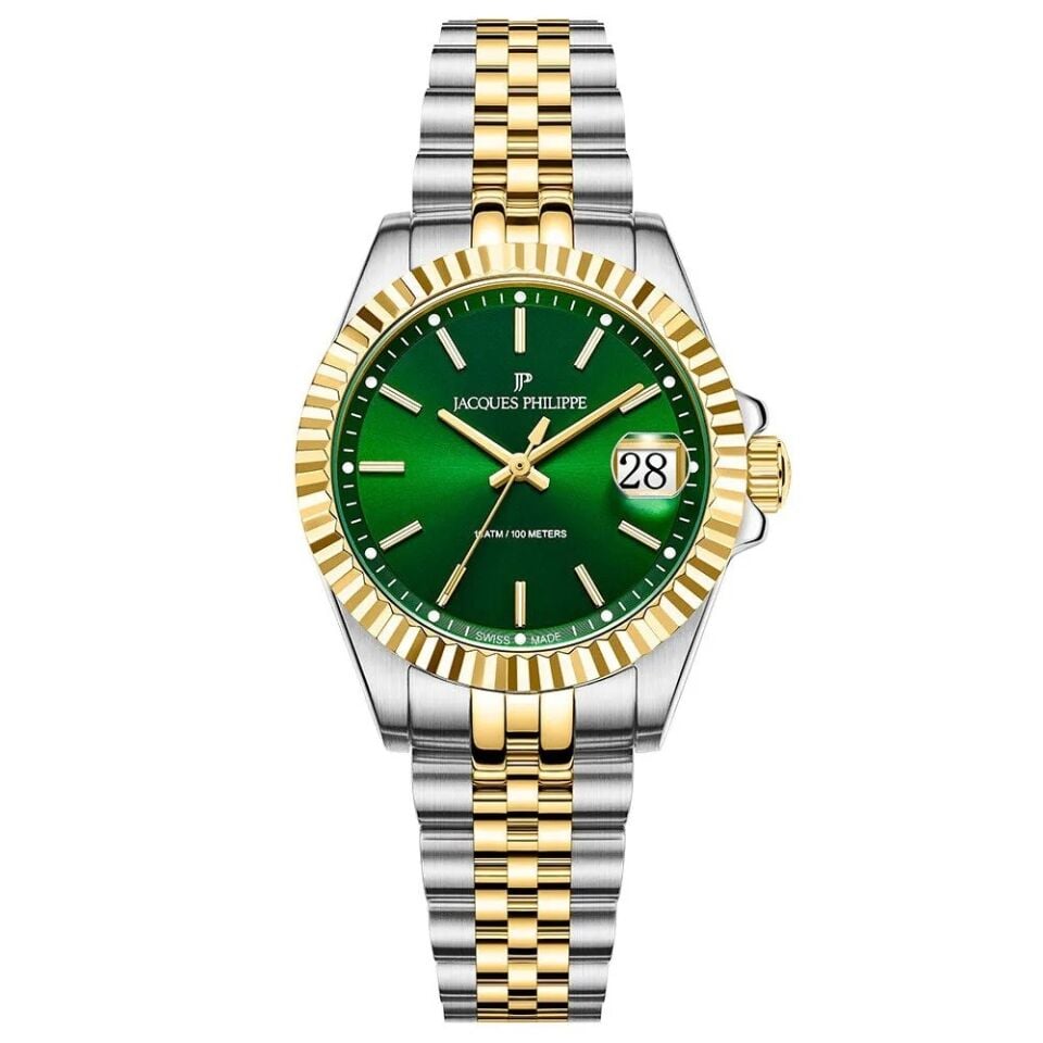 Jacques Philippe JPQLS5873X8 Swiss Made Quartz Çelik Altın/Gri Yeşil Kadran Safir Cam 10 ATM 32 mm Kadın Kol Saati