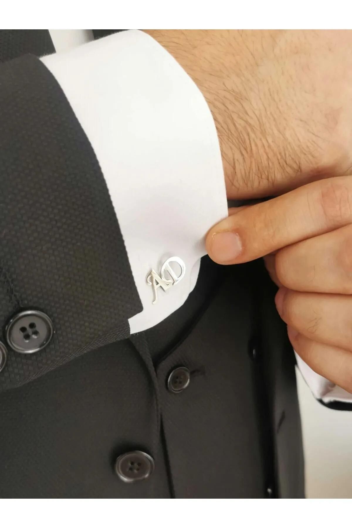 Gümüş Kaplama 2 Harfli Kol Düğmesi Damat Hediyesi Düğün Nişan Kişiye Özel