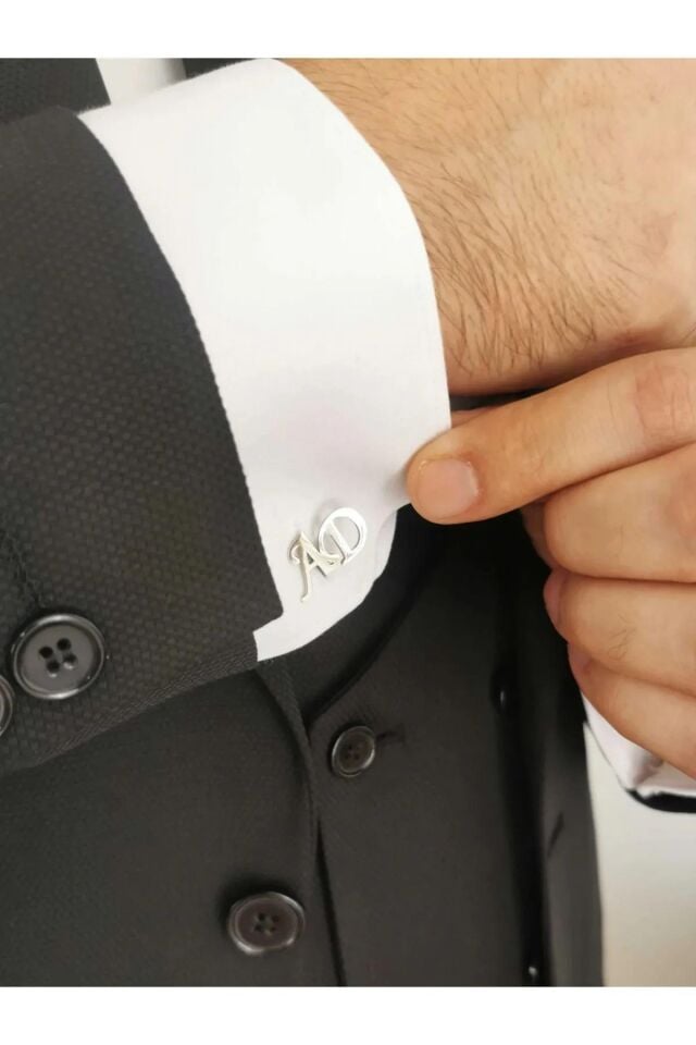 Gümüş Kaplama 2 Harfli Kol Düğmesi Damat Hediyesi Düğün Nişan Kişiye Özel
