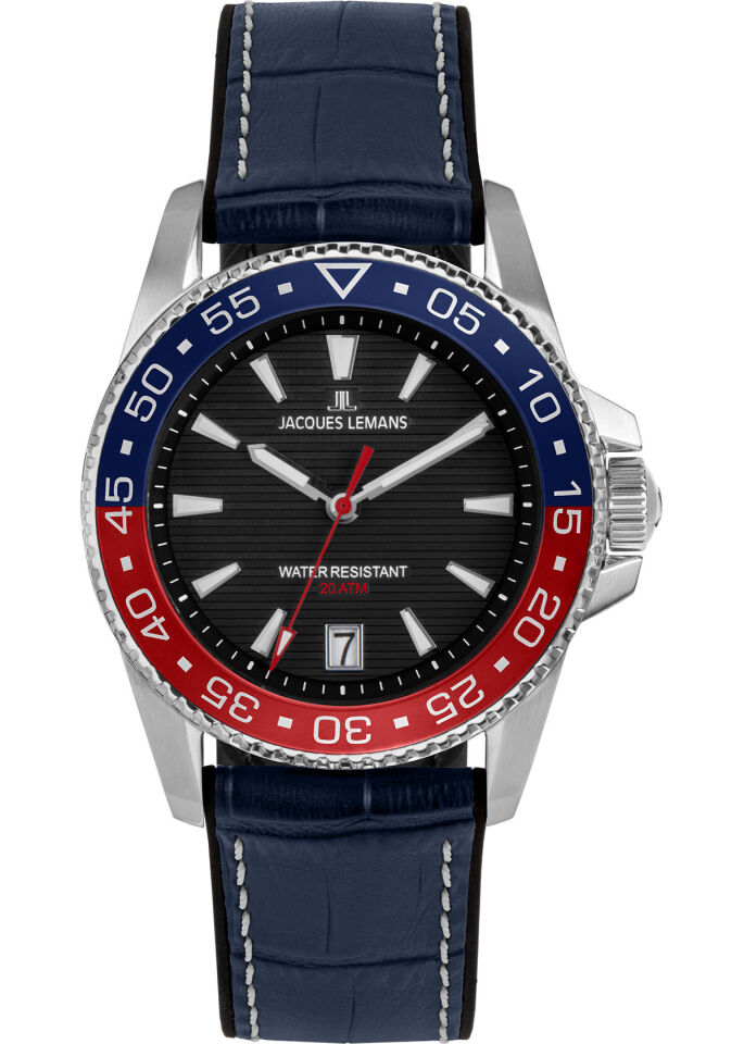 Jacques Lemans JL.1-2205D Quartz Deri Silikon Lacivert Siyah Kadran 20 ATM  41 mm Erkek Kol Saati