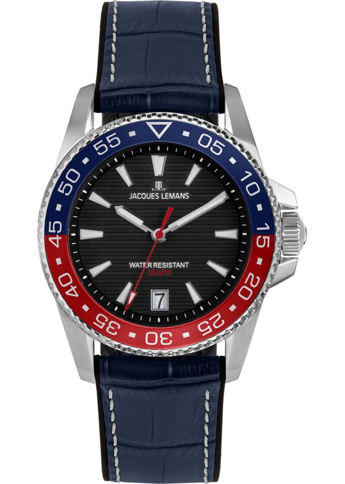 Jacques Lemans JL.1-2205D Quartz Deri Silikon Lacivert Siyah Kadran 20 ATM  41 mm Erkek Kol Saati