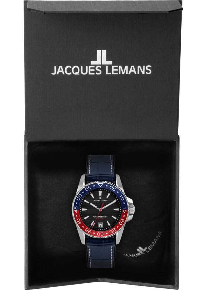 Jacques Lemans JL.1-2205D Quartz Deri Silikon Lacivert Siyah Kadran 20 ATM  41 mm Erkek Kol Saati