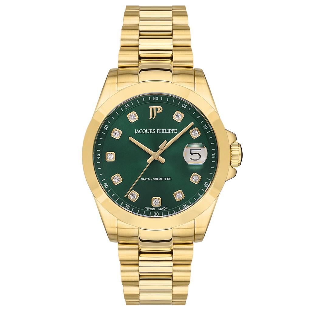 Jacques Philippe JPQLS3423X4 Quartz Swiss Made Çelik Altın Rengi Yeşil Kadran Safir Cam 10 ATM 34 mm Kadın Kol Saati