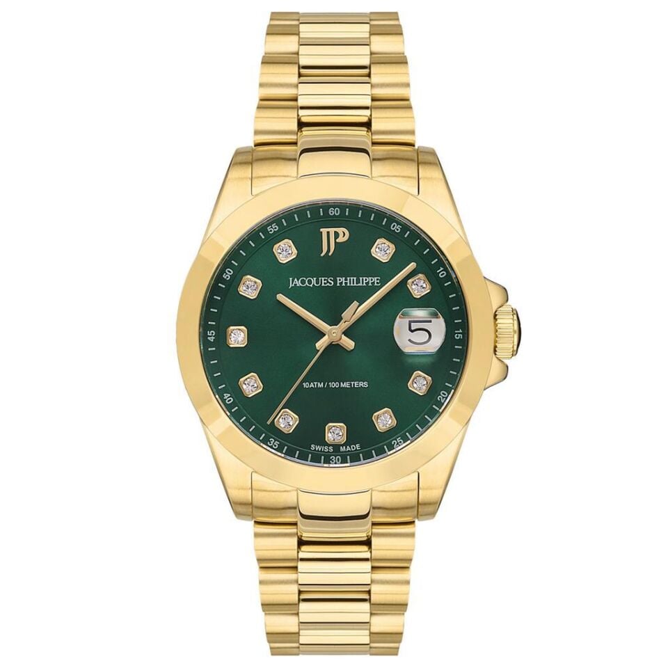 Jacques Philippe JPQLS3423X4 Quartz Swiss Made Çelik Altın Rengi Yeşil Kadran Safir Cam 10 ATM 34 mm Kadın Kol Saati