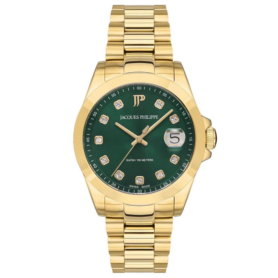 Jacques Philippe JPQLS3423X4 Quartz Swiss Made Çelik Altın Rengi Yeşil Kadran Safir Cam 10 ATM 34 mm Kadın Kol Saati