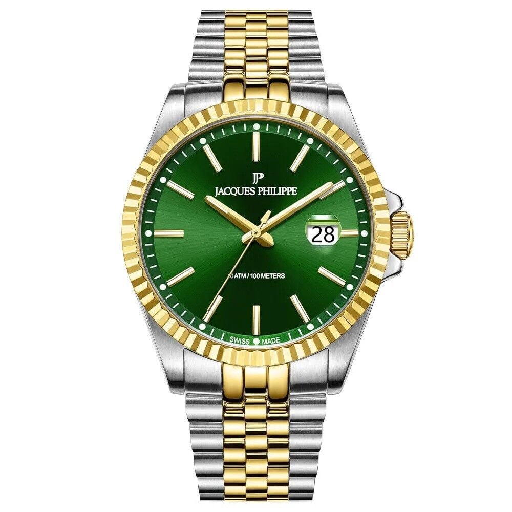 Jacques Philippe JPQGS5973X8V2 Swiss Made Quartz Çelik Altın/Gri Yeşil Kadran Safir Cam 10 ATM 40 mm Erkek Kol Saati