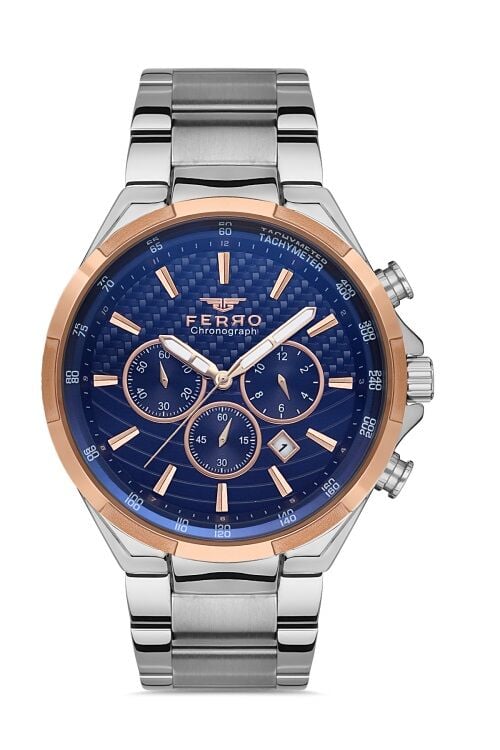 Ferro FM31276A-E3 Quartz Çelik Gri Lacivert Kadran 46 mm Erkek Kol Saati