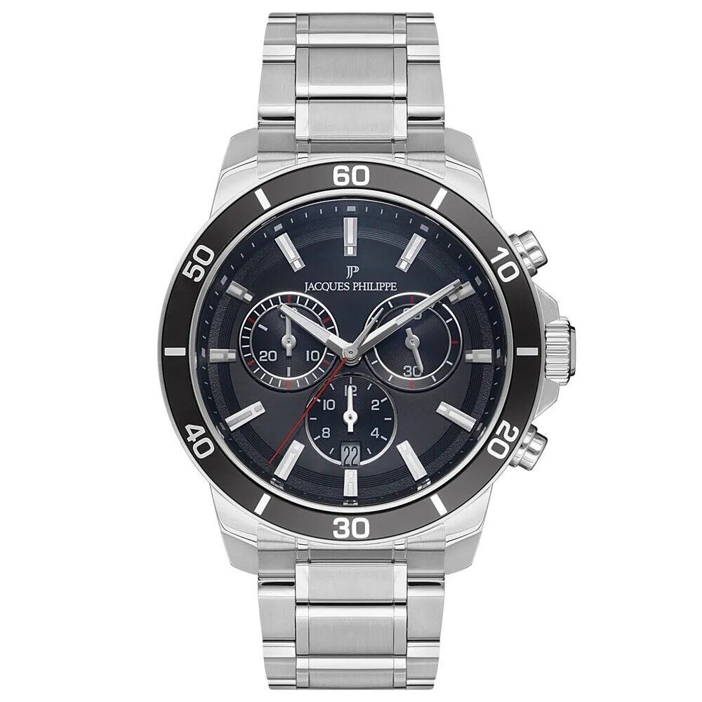 Jacques Philippe JPQGC151316N Swiss Made Quartz Çelik Gri Siyah Kadran Safir Cam 44 mm Erkek Kol Saati