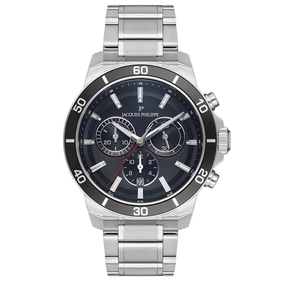 Jacques Philippe JPQGC151316N Swiss Made Quartz Çelik Gri Siyah Kadran Safir Cam 44 mm Erkek Kol Saati