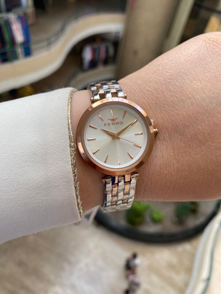 Ferro FL21331A-E Çelik Rose Gold/Metalik Gri 34 mm Kadın Kol Saati
