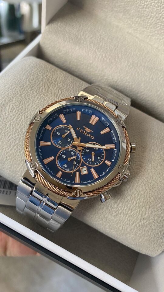 Ferro Quartz Çelik Gri Lacivert Kadran 45 mm Fonksiyonları Aktif Erkek Kol Saati