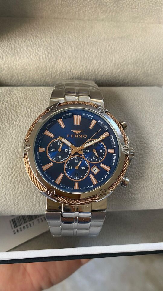 Ferro Quartz Çelik Gri Lacivert Kadran 45 mm Fonksiyonları Aktif Erkek Kol Saati
