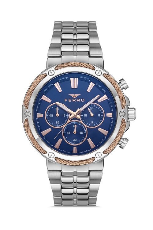 Ferro Quartz Çelik Gri Lacivert Kadran 45 mm Fonksiyonları Aktif Erkek Kol Saati