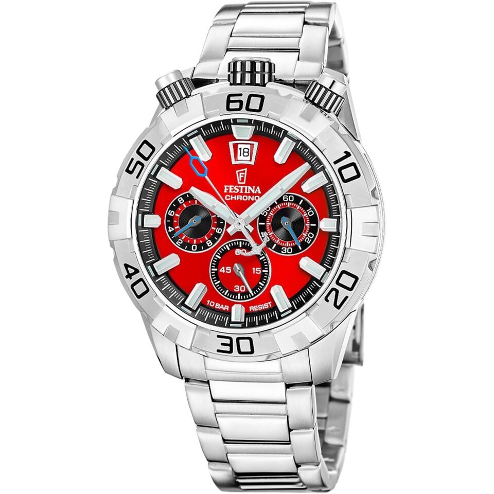Festina F20743/5 Quartz Chrono Çelik Gri Kırmızı Kadran 10 ATM 45 mm Erkek Kol Saati