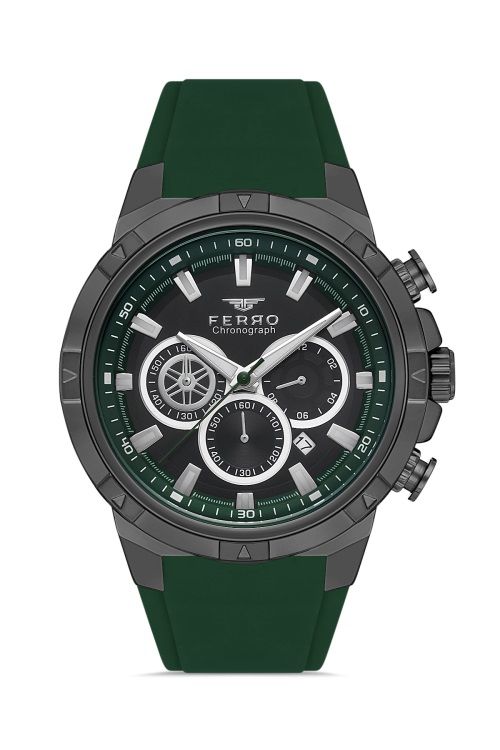 Ferro Quartz Silikon Yeşil Siyah Kadran Kronolu 47 mm Erkek Kol Saati