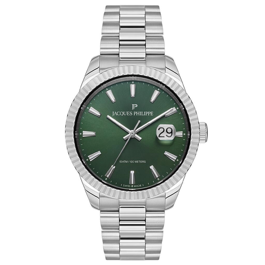 Jacques Philippe JPQGS2313X6 Quartz Swiss Made Çelik Gri Yeşil Kadran 41 mm Erkek Kol Saati