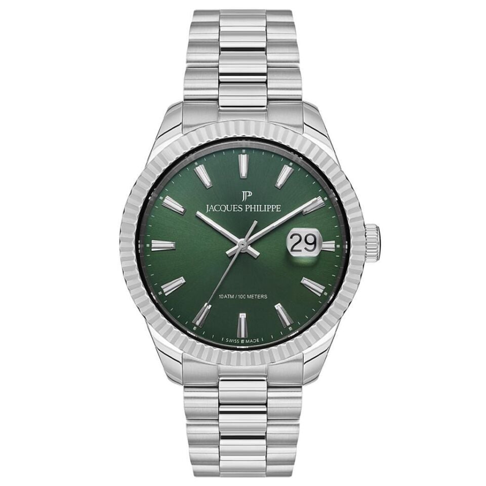 Jacques Philippe JPQGS2313X6 Quartz Swiss Made Çelik Gri Yeşil Kadran 41 mm Erkek Kol Saati