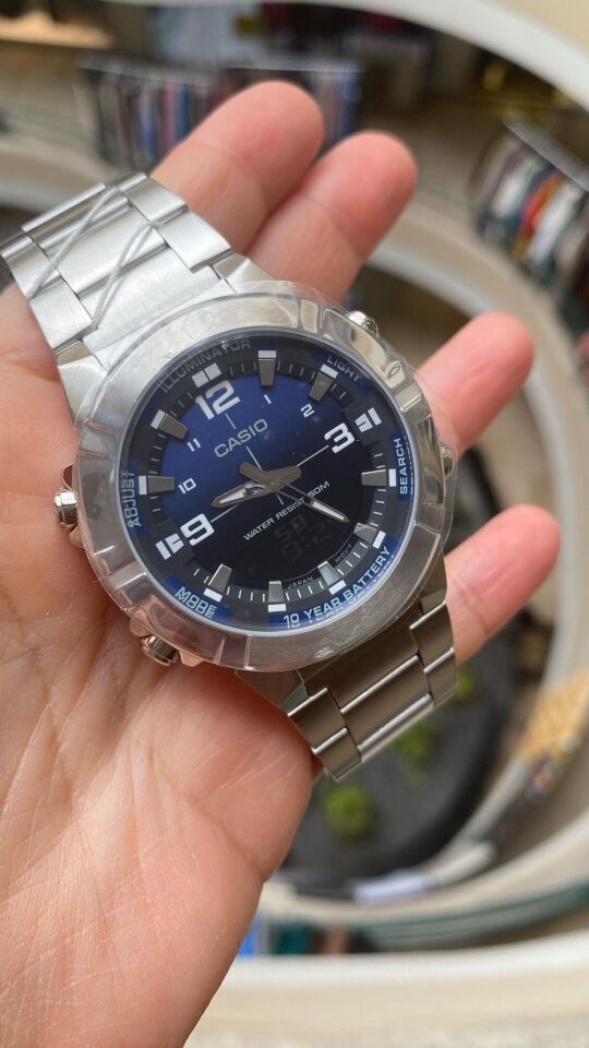 Casio AMW-870DA-2A1VDF Quartz Çelik Gri Mavi Kadran 44 mm Erkek Kol Saati