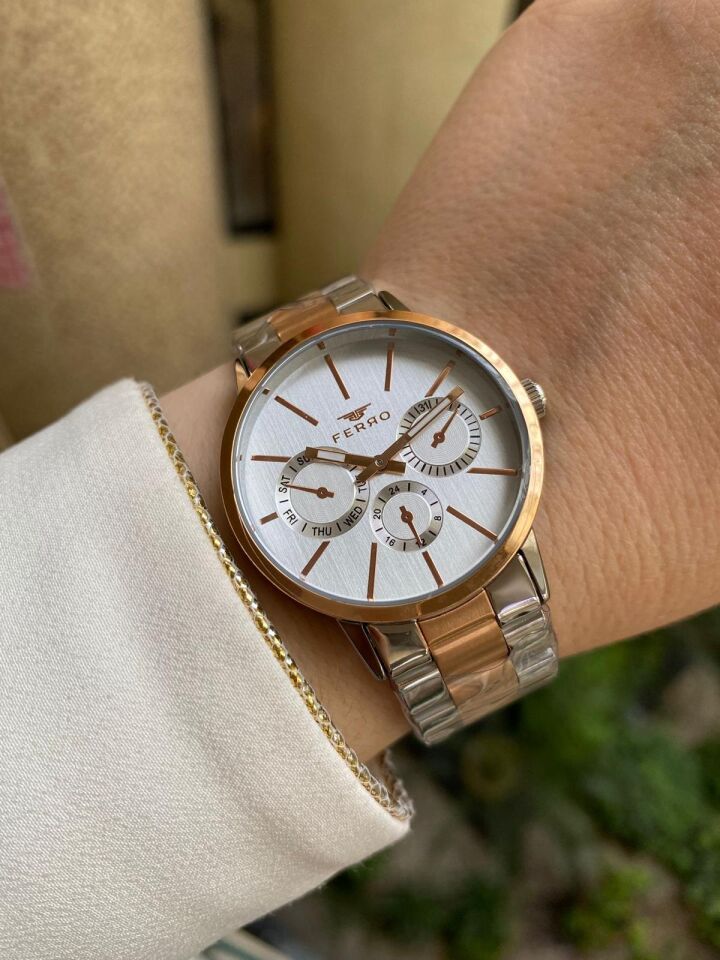 Ferro 35 mm Rose ve Gümüş Çelik Kordon Kadın Kol Saati F21072A-E F21072A-E