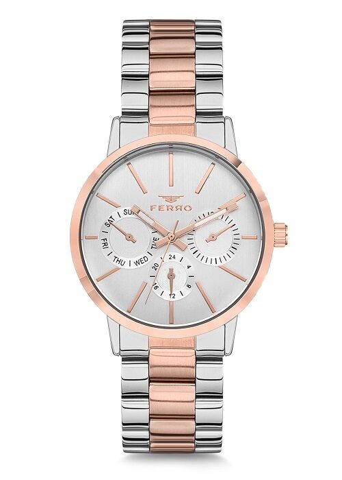 Ferro 35 mm Rose ve Gümüş Çelik Kordon Kadın Kol Saati F21072A-E F21072A-E