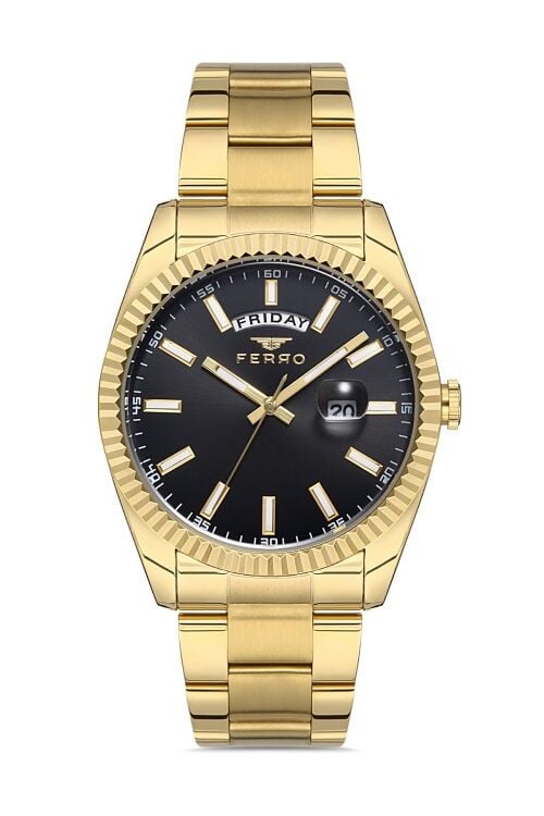 Ferro F11211A-B2 Quartz Çelik Altın Rengi Siyah Kadran 41 mm Erkek Kol Saati