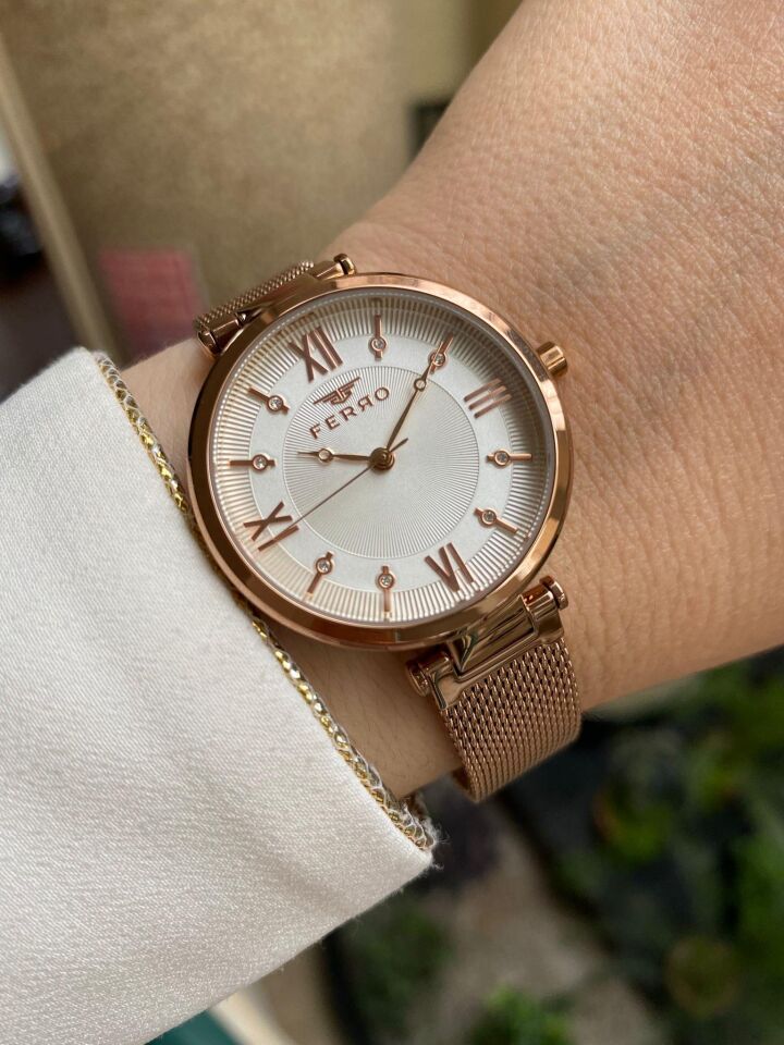 Ferro F21232C-C Quartz 34 mm Rose Hasır Kordon Kadın Kol Saati