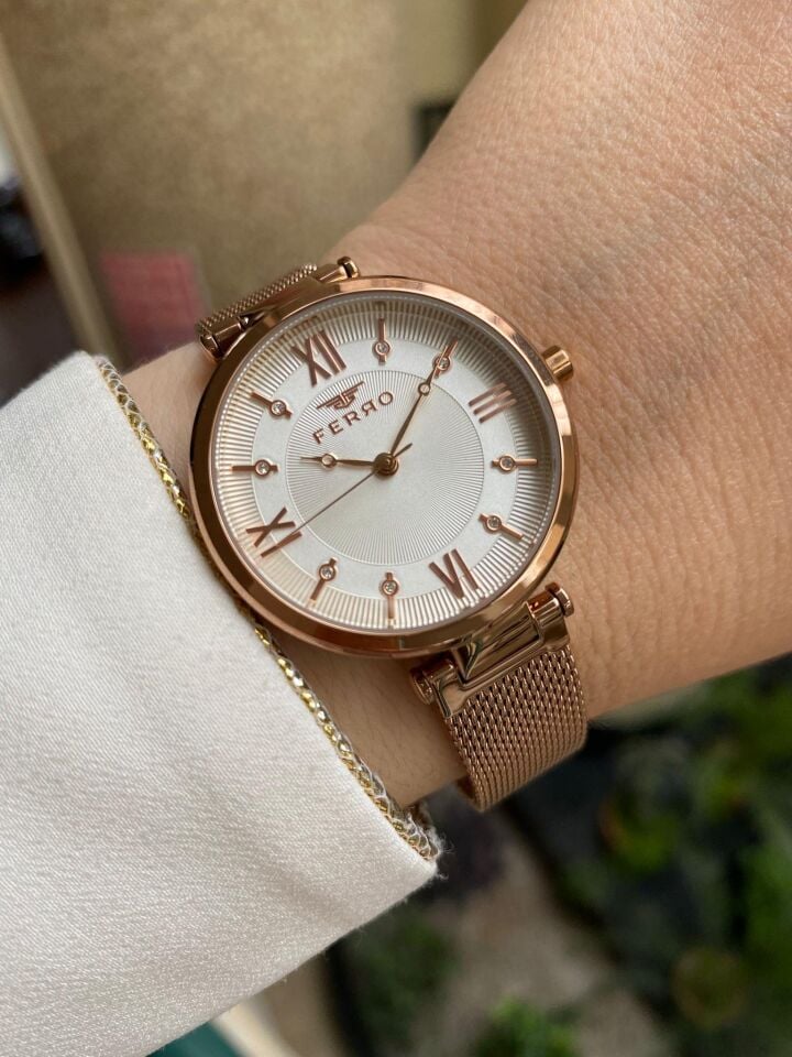 Ferro F21232C-C Quartz 34 mm Rose Hasır Kordon Kadın Kol Saati