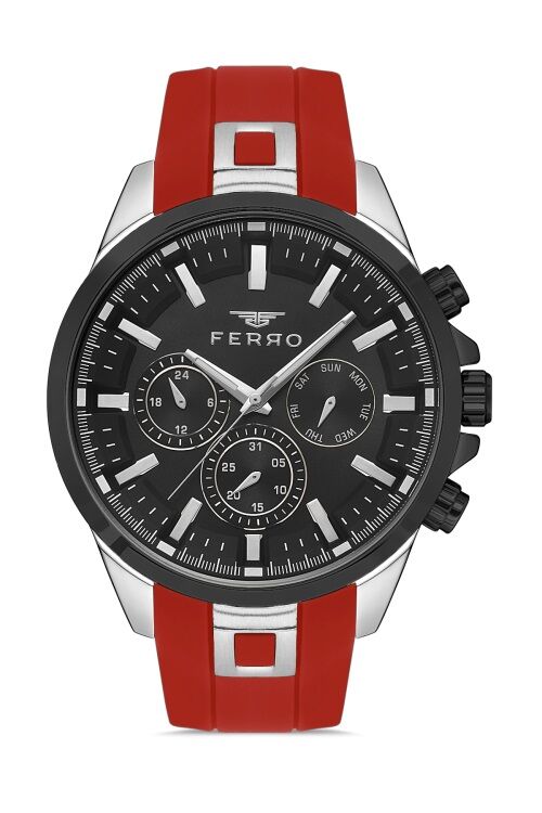 Ferro Kırmızı Silikon Kordon Erkek Kol Saati FM11379D-J2 Fonksiyonları Aktif 3ATM Su Geçirmez