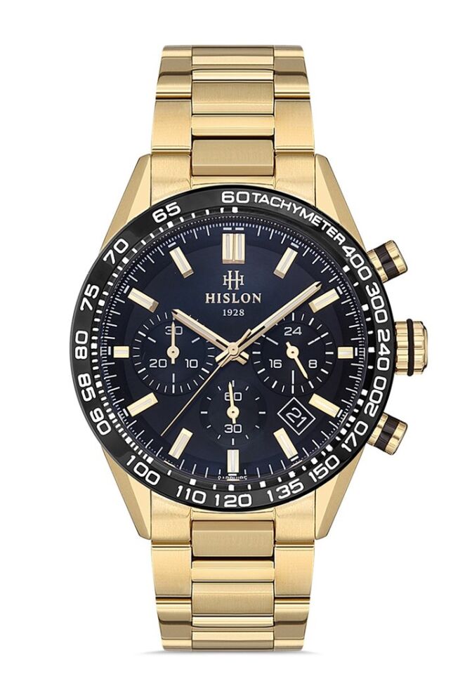 Hislon MS107T-04SG Japon Analog Çelik Altın Rengi Siyah Kadran 44 mm Erkek Kol Saati