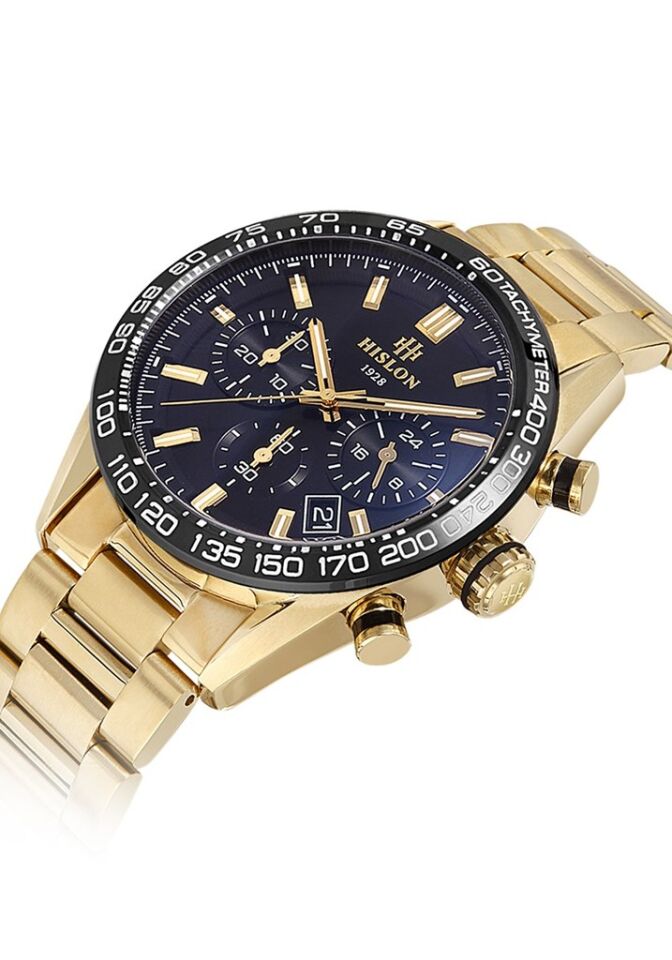Hislon MS107T-04SG Japon Analog Çelik Altın Rengi Siyah Kadran 44 mm Erkek Kol Saati