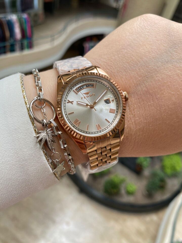 Ferro F21131A-C Quartz Çelik Rose 35 mm Kadın Kol Saati+Bileklik