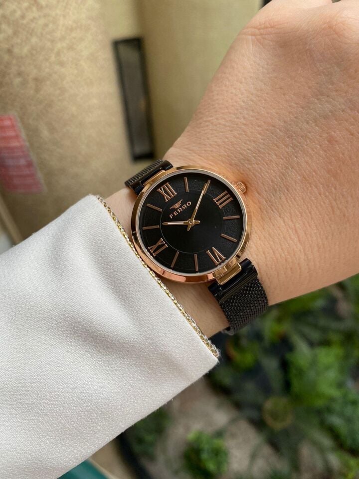 Ferro F21155C-R Quartz Çelik Hasır Siyah 33 mm Kadın Kol Saati
