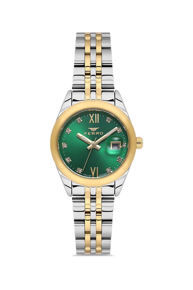 Ferro FL21618AWT-D6 Quartz Çelik Altın/Gri Yeşil Kadran 28 mm Kadın Kol Saati