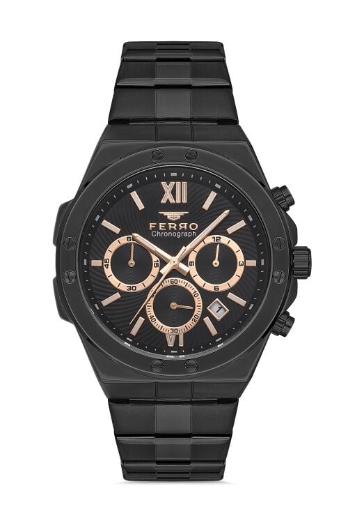 Ferro Siyah Çelik Kordon Erkek Kol Saati FM31356A-G Tüm Fonksiyonları Aktif 3 ATM Su Geçirmez