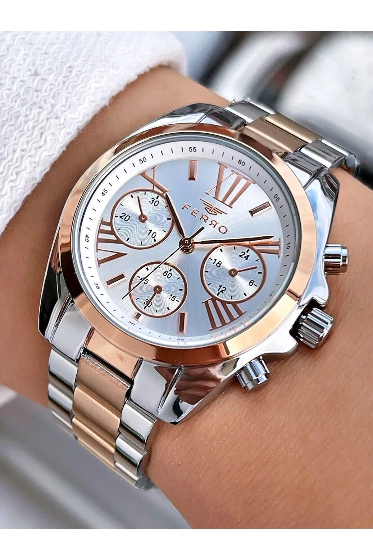 Ferro FL21259A-E 36 mm Rose Gold/Metalik Gri Kadın Kol Saati+ Bileklik